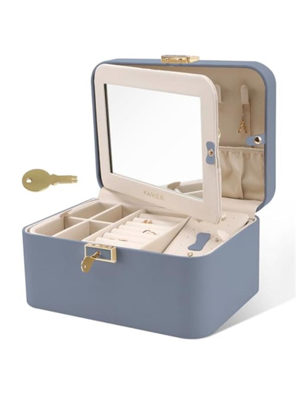 PU Leather Jewelry Box Organizer 2 Layer Lock Mirror Necklace Ring Holder Grey